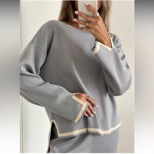 Fashion High-Low Contrast Trim Relaxed Pullover Sweater Gray & Cream Size L